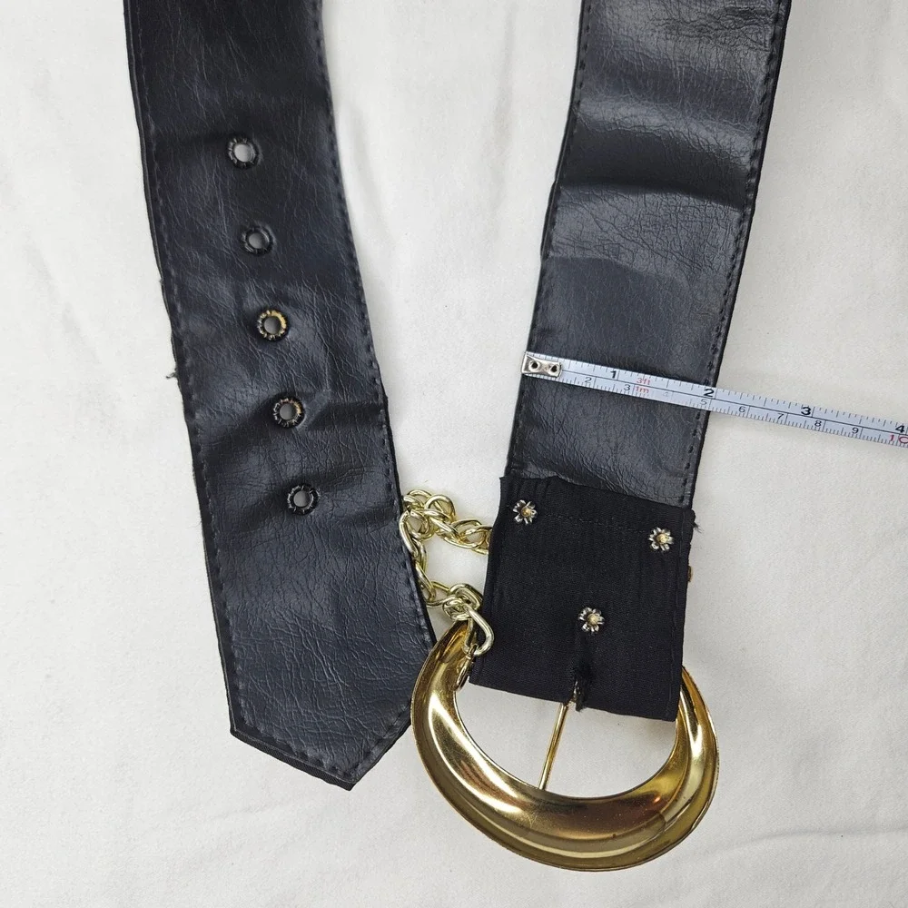 Vtg Black Cloth Wide Cinch Belt Gold Crescent Buckle Chain Detail Retro 30